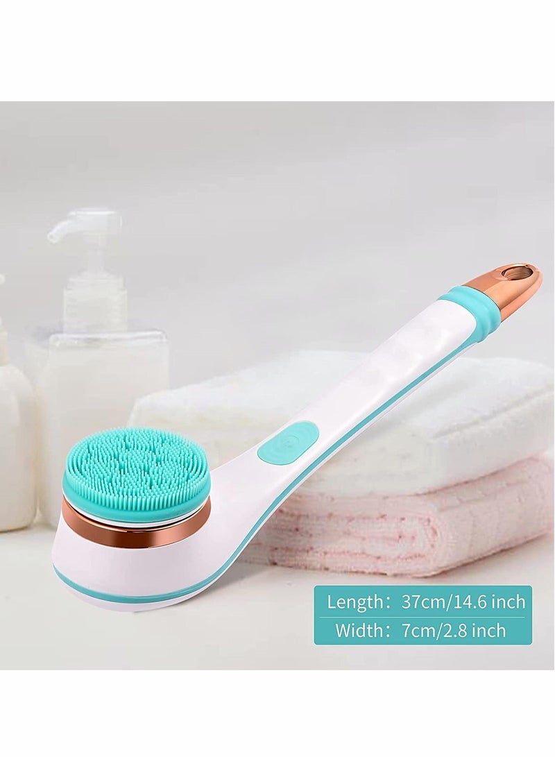 Electric Shower Brush Rechargeable Rotating Long Handle Back Scrubber Suitable for Body Cleansing Exfoliation Waterproof and Non-Slip with 4 Types of Heads (Blue) - Image 2