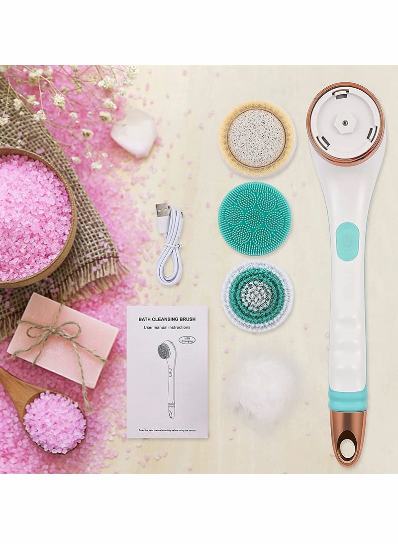 Electric Shower Brush Rechargeable Rotating Long Handle Back Scrubber Suitable for Body Cleansing Exfoliation Waterproof and Non-Slip with 4 Types of Heads (Blue) - Image 3