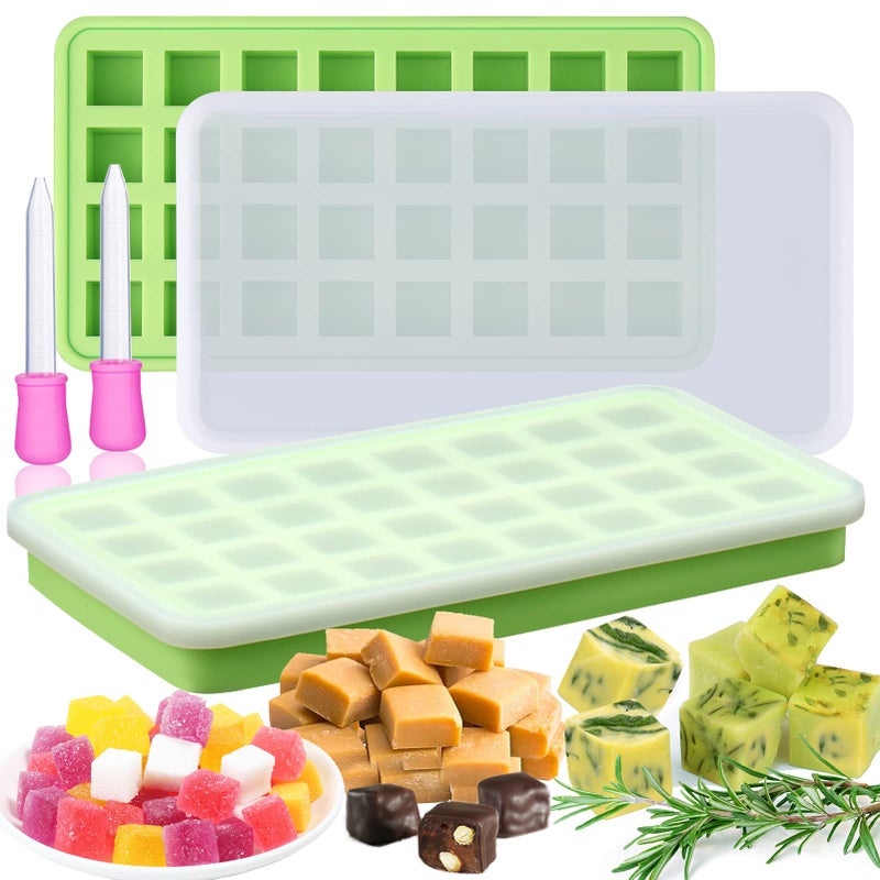 AIERSA 2Pcs Silicone Molds for HerbInfused Oil Cubes 32 Cavity Candy Gummy Molds with Lids  2 Droppers for DIY 58x58x58in Square Gummies Homemade Herbal Blocks Jello Pralines Caramels