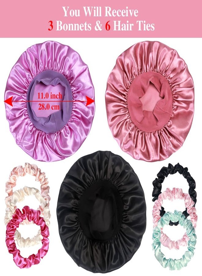 Heniho 3pcs Satin Bonnets for Kids Sleeping, Cute Hair Bonnet with Scrunchies for Girls Curly Hair, C - Image 2