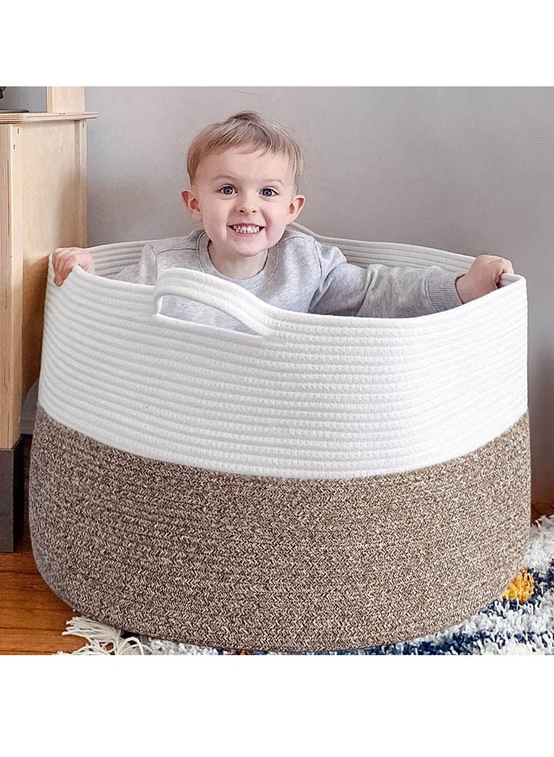 TRASSLE Woven Laundry Basket,Cotton Rope Basket 21.7" × 21.7" × 13.8",   Blankets Basket,Toys Pillows Storage Basket  Bin with Handle, Baby Nursery Organizer Storage - Image 5