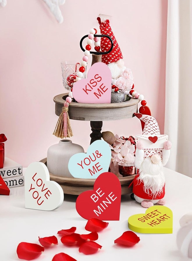 OLANRUN Valentines Day Decorations, 6 PCS Double Printed Conversation Hearts Decorations, Valentines Day Tiered Tray Decor Set Wooden Hearts for Crafts, Valentine's Day Decorations for The Home Table - Image 2