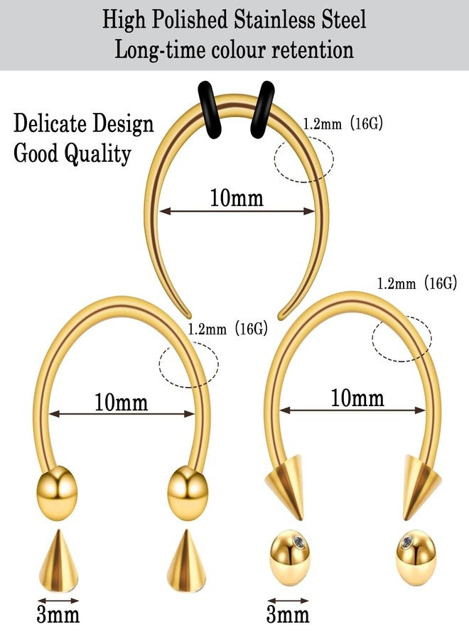 Yolev 9PCS 16g Horseshoe Septum Ring for Women Surgical Stainless Steel Septum Nose Rings 10mm Nose Septum Piercing Jewelry Eyebrow Lip Rings Men Balls & Spikes Snake Bite Gold - Image 2