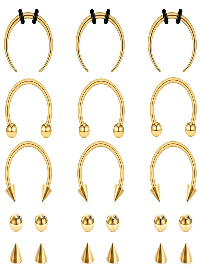 Yolev 9PCS 16g Horseshoe Septum Ring for Women Surgical Stainless Steel Septum Nose Rings 10mm Nose Septum Piercing Jewelry Eyebrow Lip Rings Men Balls & Spikes Snake Bite Gold - Image 1