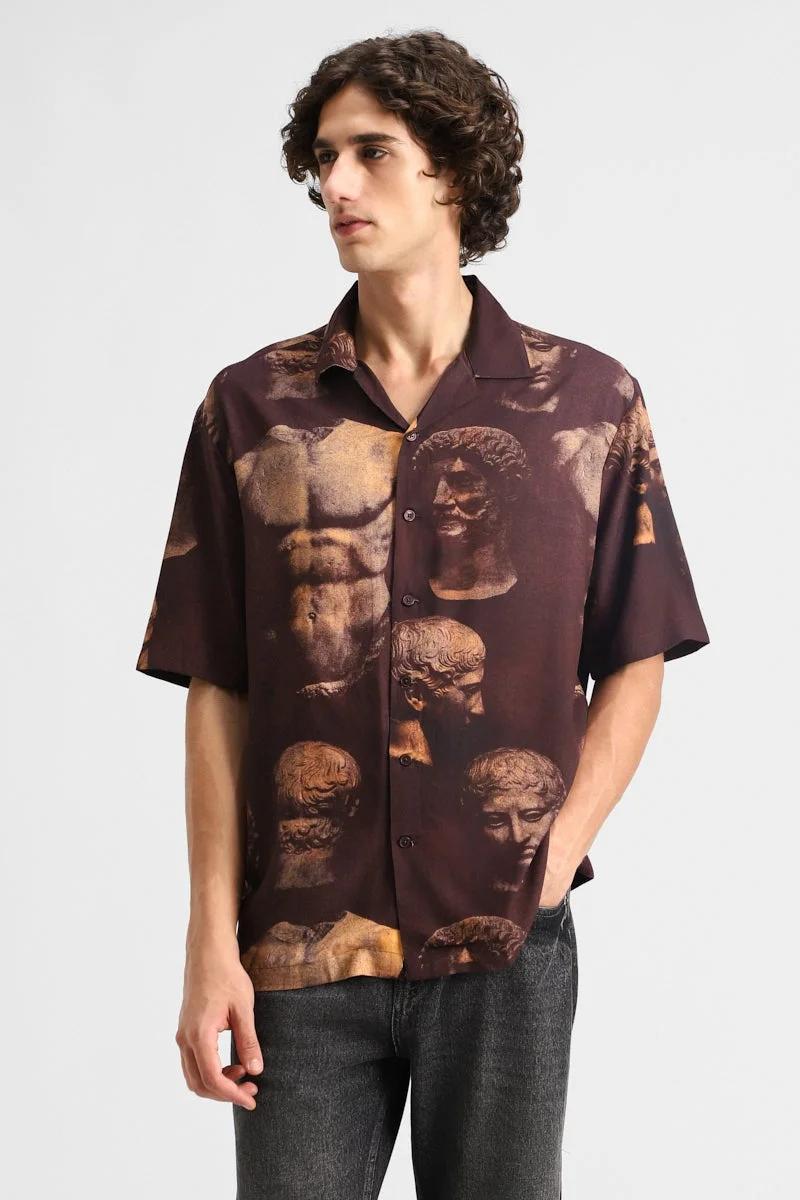 سنيتش Dark Brown Graphic Half Sleeve Boxy Shirt