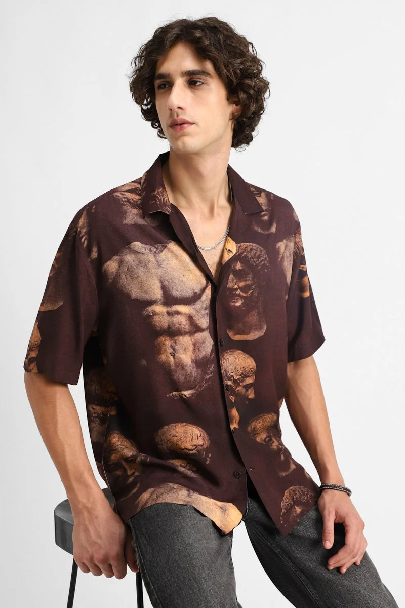 سنيتش Dark Brown Graphic Half Sleeve Boxy Shirt