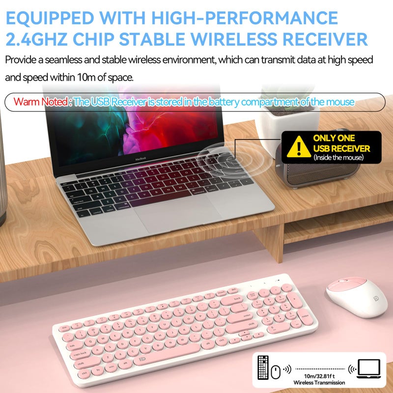 FD iK6630 Wireless Keyboard and Mouse Combo - 2.4GHz USB Cordless, Cute Round Keys, Quiet and Slim Set for Laptop, Computer, TV, and Mac - Salmon Pink & White - Image 2