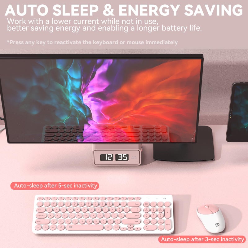 FD iK6630 Wireless Keyboard and Mouse Combo - 2.4GHz USB Cordless, Cute Round Keys, Quiet and Slim Set for Laptop, Computer, TV, and Mac - Salmon Pink & White - Image 3