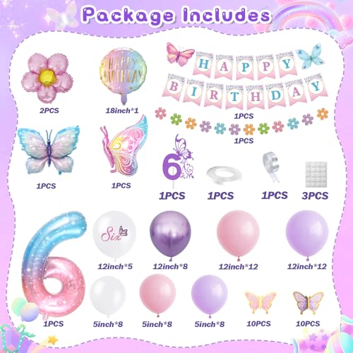 KISPATTI 6th Birthday Decorations for Girls 6 Year Old Girl Birthday Decorations Butterfly Bday Party Decoration with Number 6 Balloon Happy Bday Banner Pink and Purple Balloons - Image 5