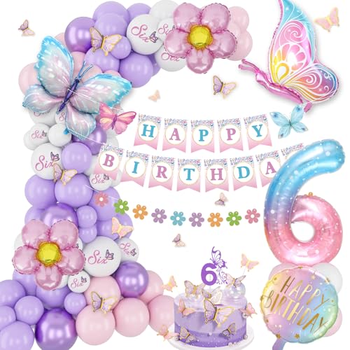 KISPATTI 6th Birthday Decorations for Girls 6 Year Old Girl Birthday Decorations Butterfly Bday Party Decoration with Number 6 Balloon Happy Bday Banner Pink and Purple Balloons - Image 1
