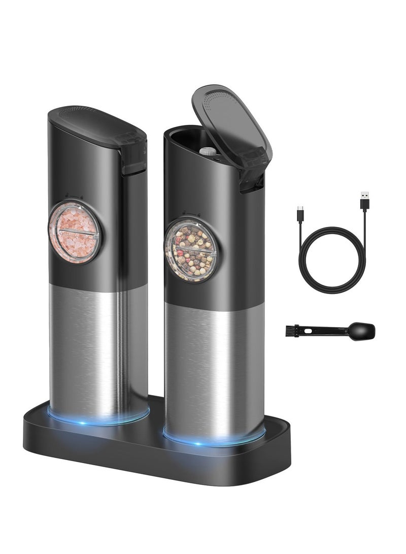 Arabest Gravity Electric Salt and Pepper Grinder Set, USB Rechargeable With Dual Charging Base, Adjustable Fineness, Stainless Steel Construction, One Handed Operation, Auto Dust Lids, LED Light - Image 1