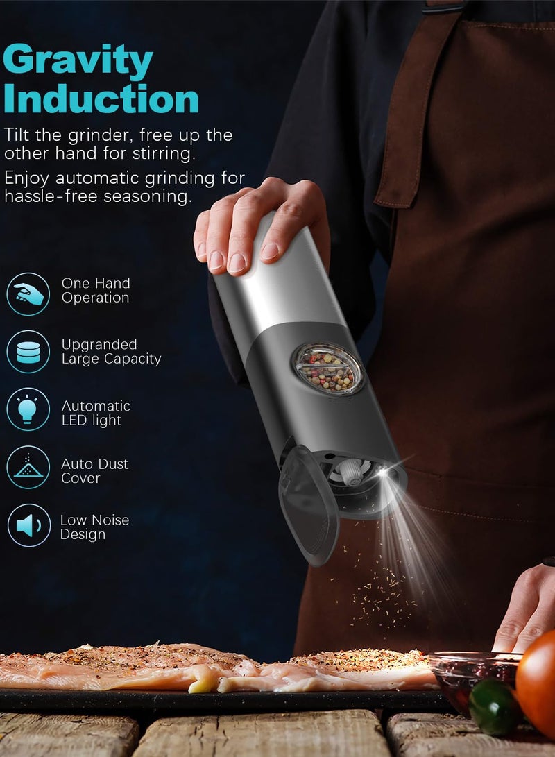 Arabest Gravity Electric Salt and Pepper Grinder Set, USB Rechargeable With Dual Charging Base, Adjustable Fineness, Stainless Steel Construction, One Handed Operation, Auto Dust Lids, LED Light - Image 2