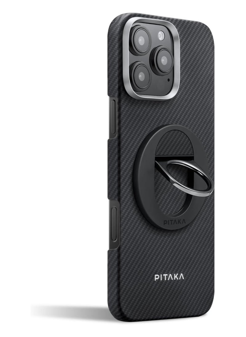 PITAKA Ultra Slim Case for iPhone 16 Pro Max with MagSafe Phone Ring Holder Premium Caseless Look Protective Case Crafted from Durable 600D Aramid Fiber, Ultra-Thin & Lightweight, Scratch-Resistant with Enhanced 3D Grip - Black Grey
