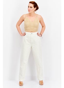 Bershka Women Straight Checkered No Stretch Jeans, Off White  - Image 4