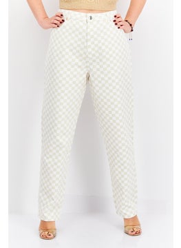 Bershka Women Straight Checkered No Stretch Jeans, Off White  - Image 1