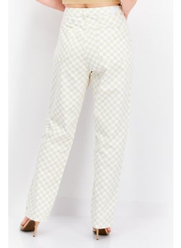 Bershka Women Straight Checkered No Stretch Jeans, Off White  - Image 3