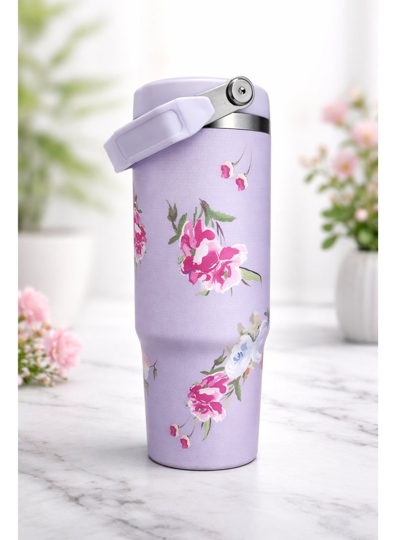 ستانلي كوب ستانلي حراري ستانلس ستيل الأصلي بمقبض علوي - إصدار الزهور (Floral Edition) بلون بنفسجي لافندر - حفظ فائق للبرودة والحرارة - غطاء محكم بشفاطة مدمجة. - Image 1
