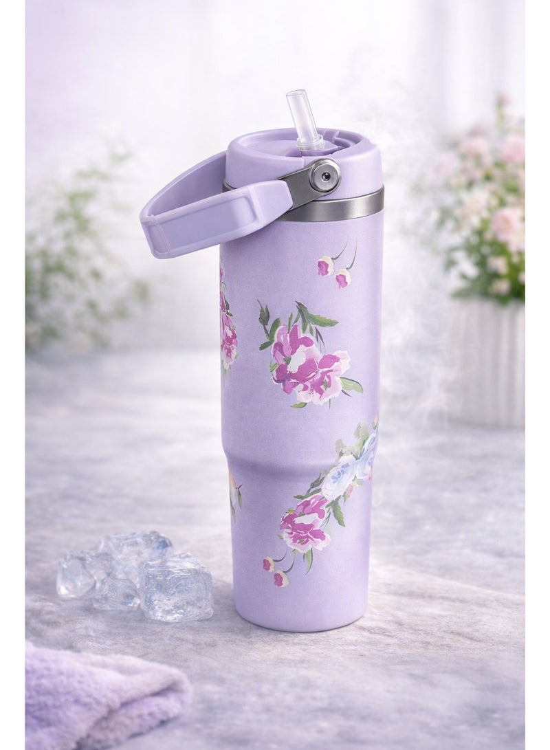 ستانلي كوب ستانلي حراري ستانلس ستيل الأصلي بمقبض علوي - إصدار الزهور (Floral Edition) بلون بنفسجي لافندر - حفظ فائق للبرودة والحرارة - غطاء محكم بشفاطة مدمجة. - Image 2