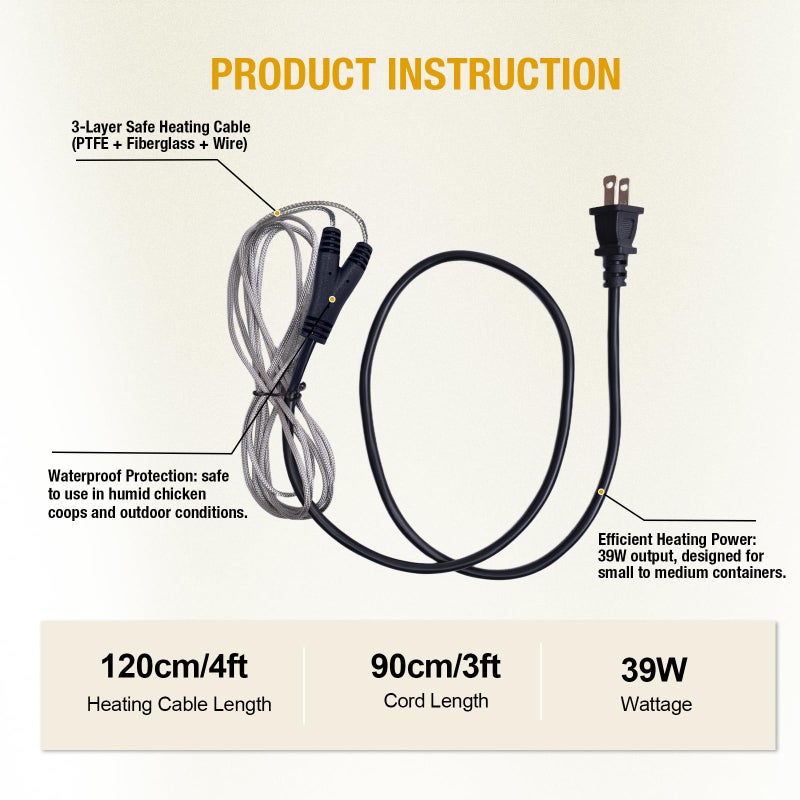 comincia Chicken Water Heater Cord â€“ Low-Watt Heated Chicken Waterer Cable for Winter, Safe Poultry Water Heating for Chickens, Ducks & Small Animals (1 Pack, Waterer Not Included) - Image 5