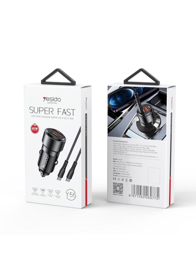 Yesido - Yesido Y55 With Double Type-C/USB-C Port Line Car Charger QC3.0+PD30W Type-C/USB-C+USB Dual Port Quick Charge (Black) - Image 1