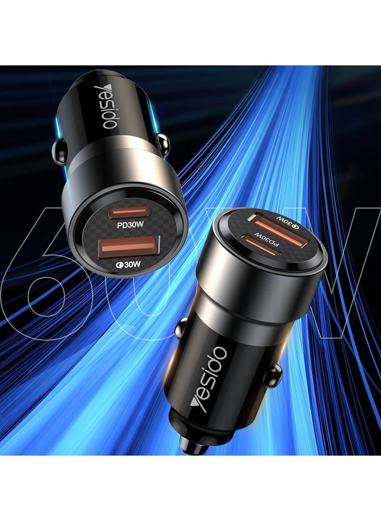 Yesido - Yesido Y55 With Double Type-C/USB-C Port Line Car Charger QC3.0+PD30W Type-C/USB-C+USB Dual Port Quick Charge (Black) - Image 1
