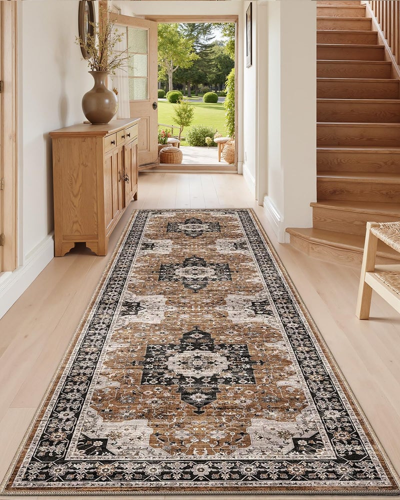 DEXI Hallway Washable Runner Rug 3x8, Vintage Farmhouse Thin Kitchen Runner with Non Slip Backing, Soft Entryway Floor Rug, Stain Resistant Distressed Carpet for Bedroom Living Room, Brown - Image 1