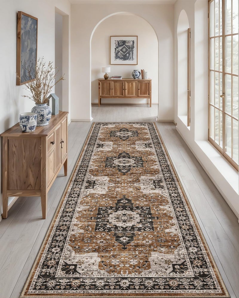 DEXI Hallway Washable Runner Rug 3x8, Vintage Farmhouse Thin Kitchen Runner with Non Slip Backing, Soft Entryway Floor Rug, Stain Resistant Distressed Carpet for Bedroom Living Room, Brown - Image 4