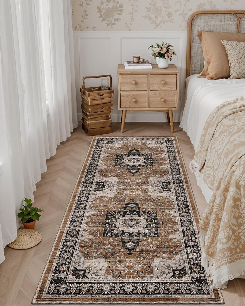 DEXI Hallway Washable Runner Rug 3x8, Vintage Farmhouse Thin Kitchen Runner with Non Slip Backing, Soft Entryway Floor Rug, Stain Resistant Distressed Carpet for Bedroom Living Room, Brown - Image 5