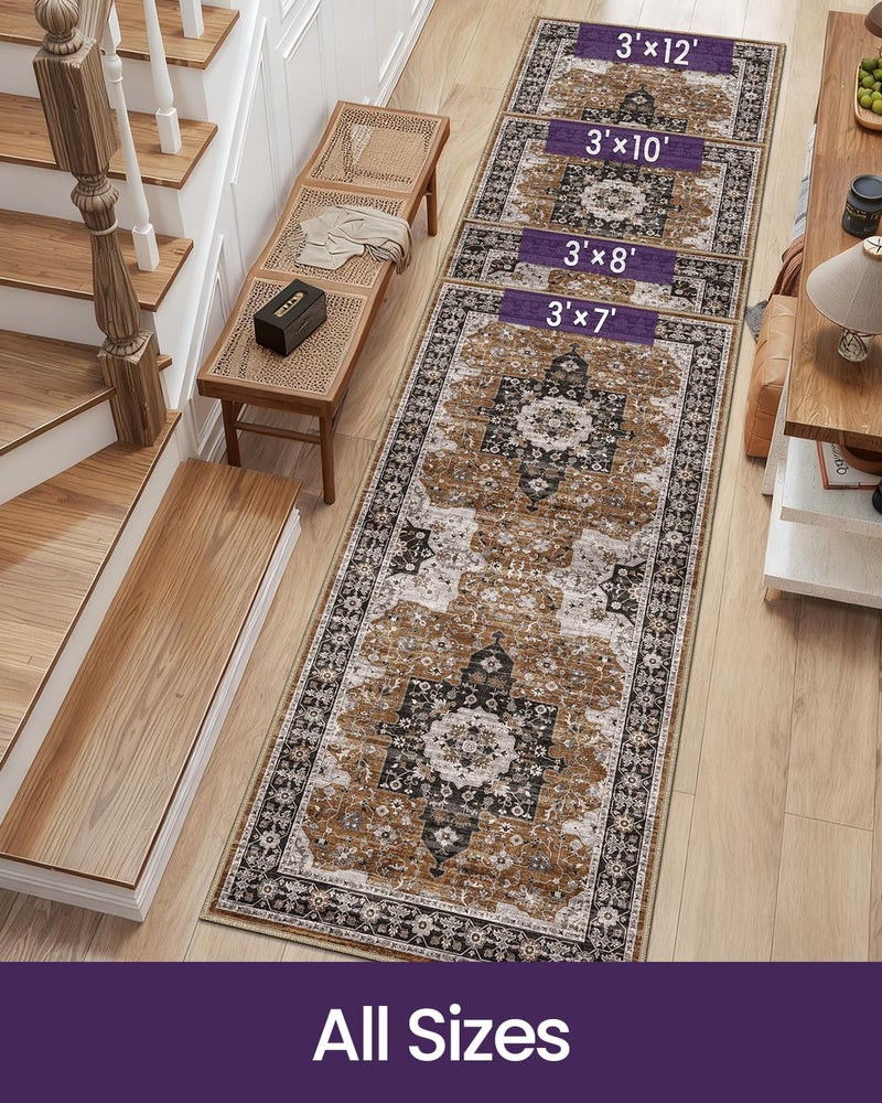 DEXI Hallway Washable Runner Rug 3x8, Vintage Farmhouse Thin Kitchen Runner with Non Slip Backing, Soft Entryway Floor Rug, Stain Resistant Distressed Carpet for Bedroom Living Room, Brown - Image 2