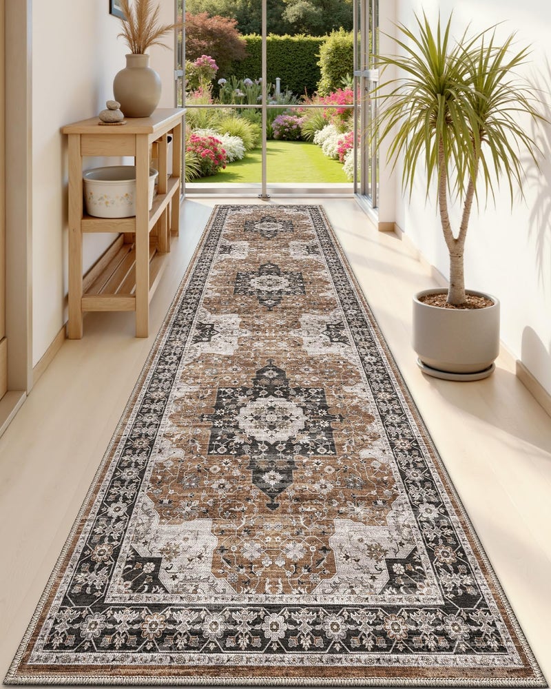 DEXI Hallway Washable Runner Rug 3x8, Vintage Farmhouse Thin Kitchen Runner with Non Slip Backing, Soft Entryway Floor Rug, Stain Resistant Distressed Carpet for Bedroom Living Room, Brown - Image 3