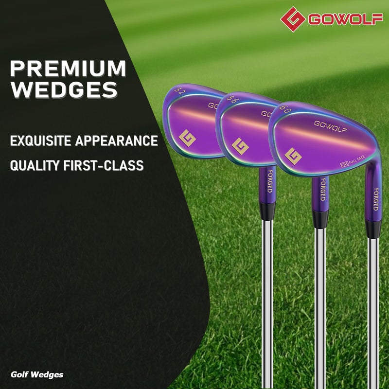 Gowolf Golf Wedges 52, 56, 60 Sets Right Hand, Forged Full Face Golf Wedge Set for Men, Premium Golf Gap Wedge Sand Wedge Lob Wedge Golf Club, Great Golf Gift - CNC Milled Face for More Spin (Rainbow) - Image 2