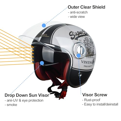 BEON Open Face Motorcycle Helmet for Adults DOT ApprovedMoped 34 Half Vespa Vintage Helmet with Dual Visors for Men and Women Super Sport Matte BeigeBlack Large - Image 3