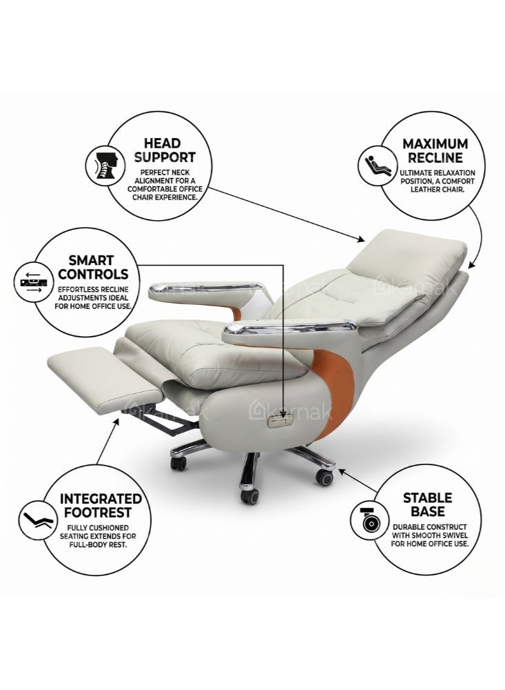 Karnak Malaya Executive Electric Boss Chair | Comfortable Leather Ergonomic Office Recliner with Swivel Rolling Adjustable Headrest, Footrest and Lumbar Support for Office (Beige) - Image 3