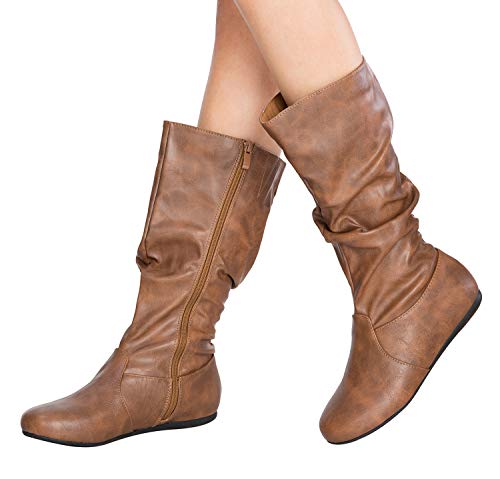 Olivia K Womens Low Heel Mid-Calf Slouchy Suede Slip On Casual Boots with Side Zipper Tan Pu - Image 3