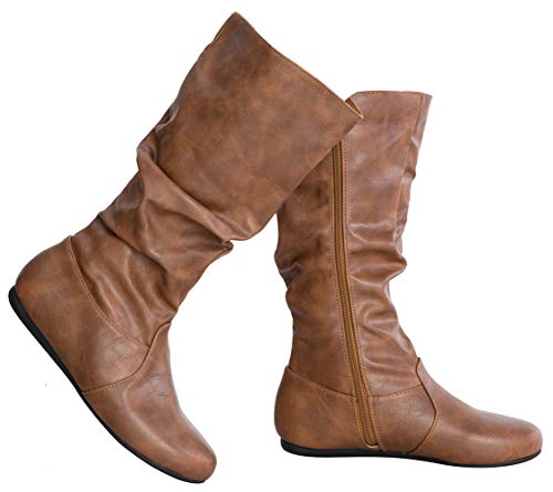 Olivia K Womens Low Heel Mid-Calf Slouchy Suede Slip On Casual Boots with Side Zipper Tan Pu - Image 5