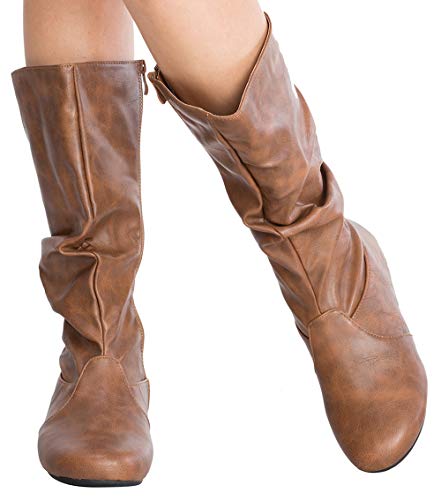 Olivia K Womens Low Heel Mid-Calf Slouchy Suede Slip On Casual Boots with Side Zipper Tan Pu - Image 2