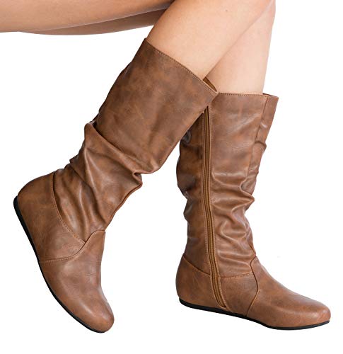 Olivia K Womens Low Heel Mid-Calf Slouchy Suede Slip On Casual Boots with Side Zipper Tan Pu - Image 4