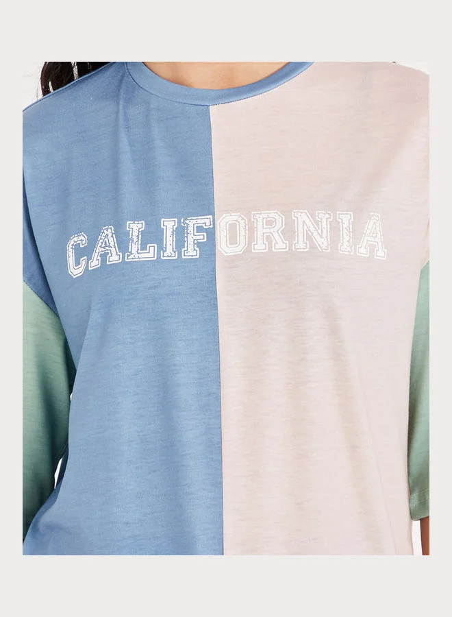 Styli Short Sleeves Colorblock California Print Oversized Longline Tshirt