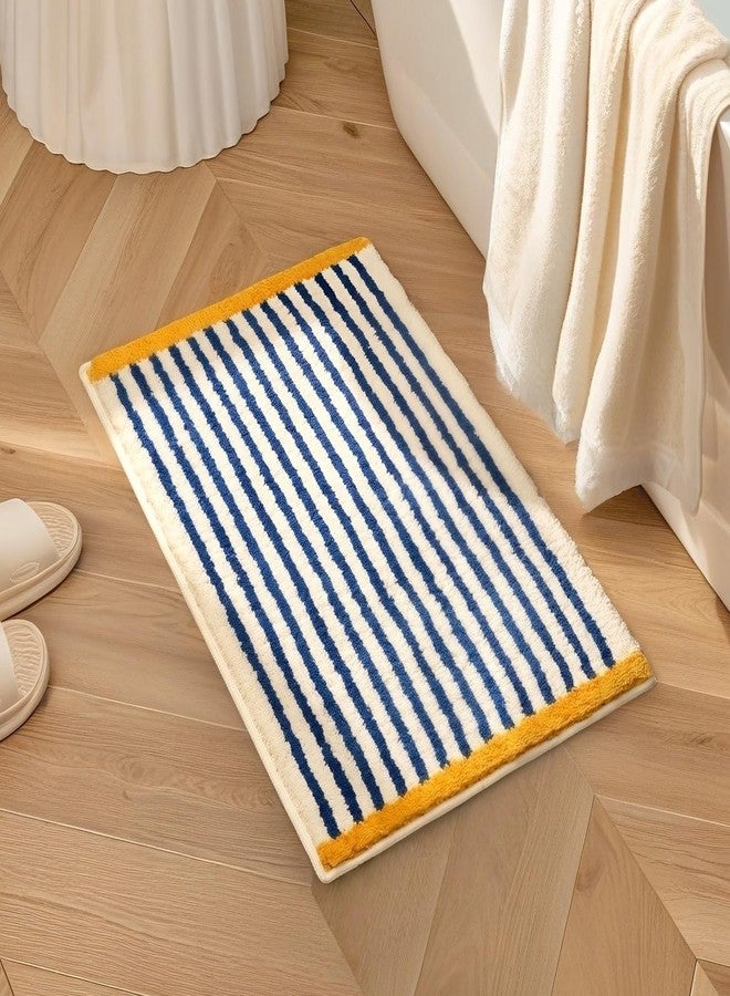 GIB cleaningtool GIB Bathroom Rugs Mat 24" x 16", Extra Soft Absorbent Plush Fluffy Bath Rugs, Non-Slip Washable Bath Mats for Bathroom Floor Shower Home Decor Accessories, Blue & White Striped with Yellow Accents - Image 1