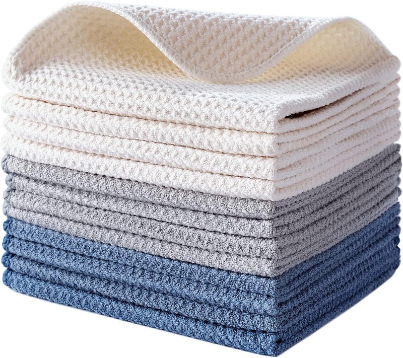 POLYTE Premium Microfiber Kitchen Dish Cloth Waffle Weave 12 Pack (12x12 in, Dark Blue, Gray, Off White) - Image 1
