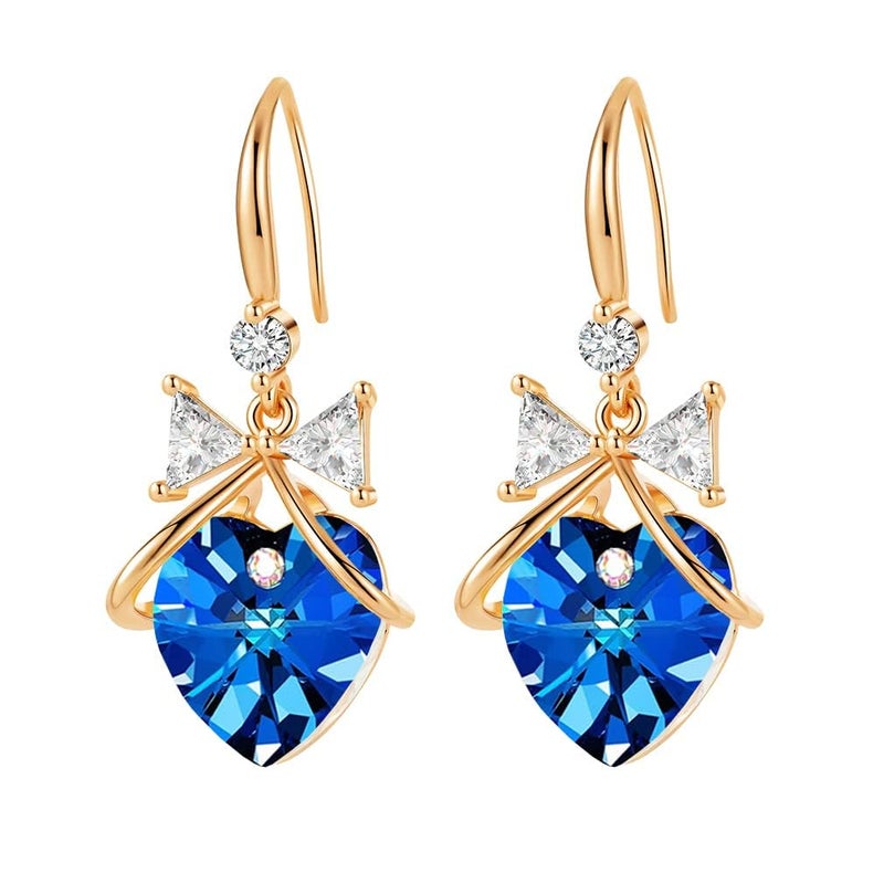 EVEVIC Austrian Crystal Heart Drop Dangle Bow Earrings for Women Fashion 14K Gold Plated Hypoallergenic Jewelry (Bermuda Blue) - Image 1
