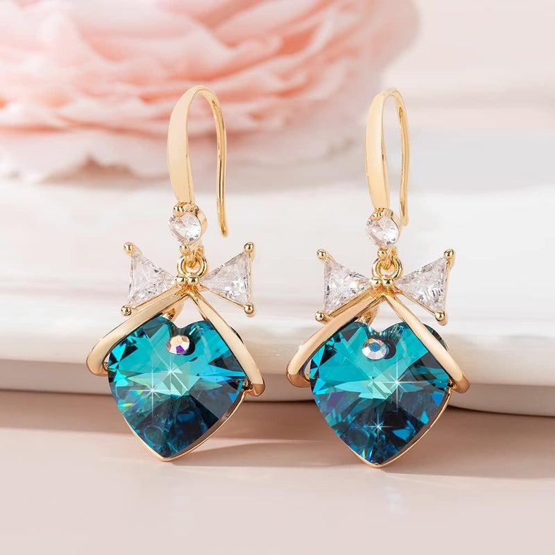 EVEVIC Austrian Crystal Heart Drop Dangle Bow Earrings for Women Fashion 14K Gold Plated Hypoallergenic Jewelry (Bermuda Blue) - Image 3