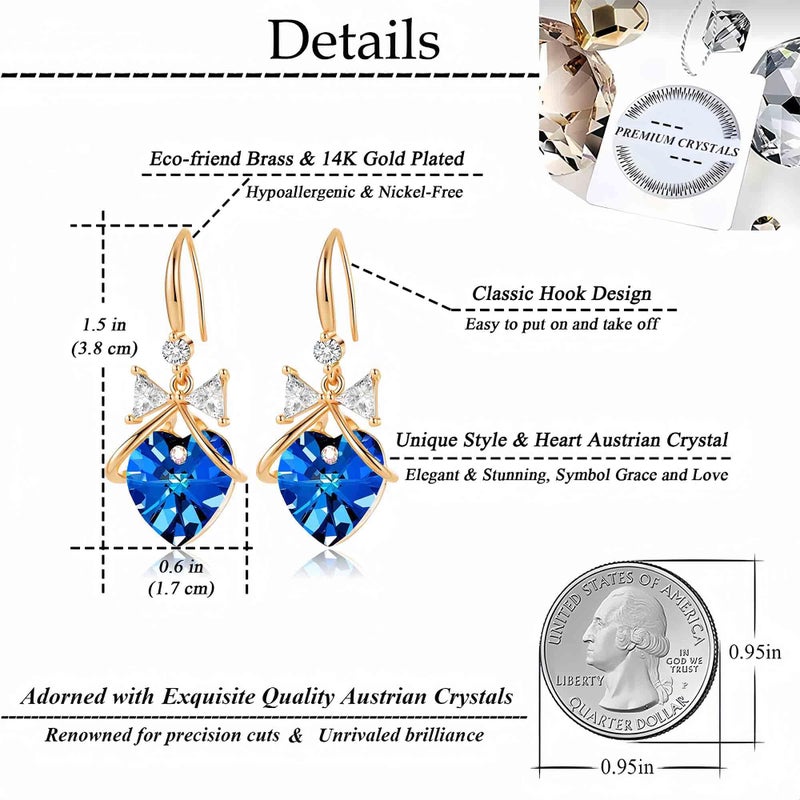 EVEVIC Austrian Crystal Heart Drop Dangle Bow Earrings for Women Fashion 14K Gold Plated Hypoallergenic Jewelry (Bermuda Blue) - Image 4