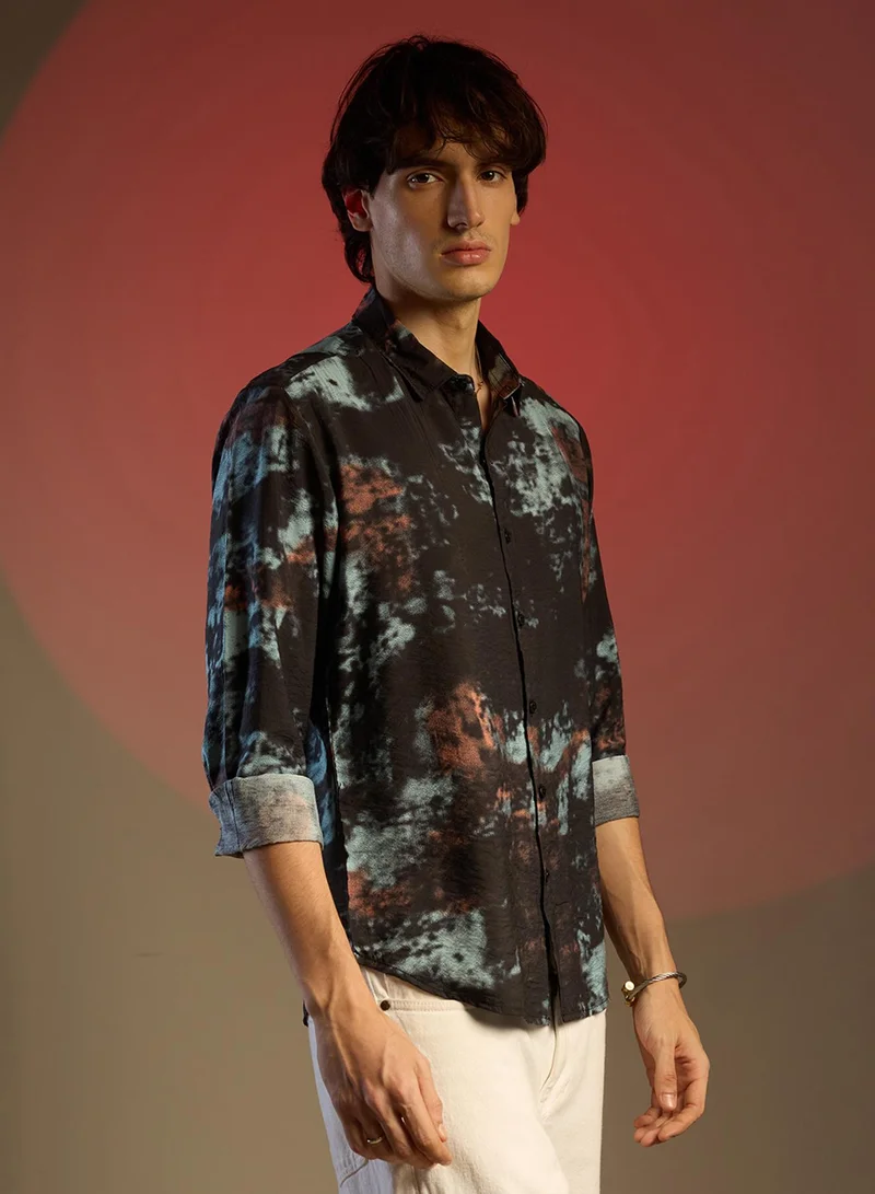 كامبوس سوترا Men's Midnight Black & Powder Blue Contrast Dab Shirt