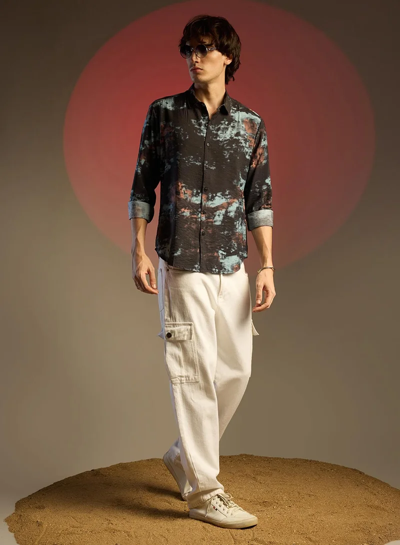 كامبوس سوترا Men's Midnight Black & Powder Blue Contrast Dab Shirt