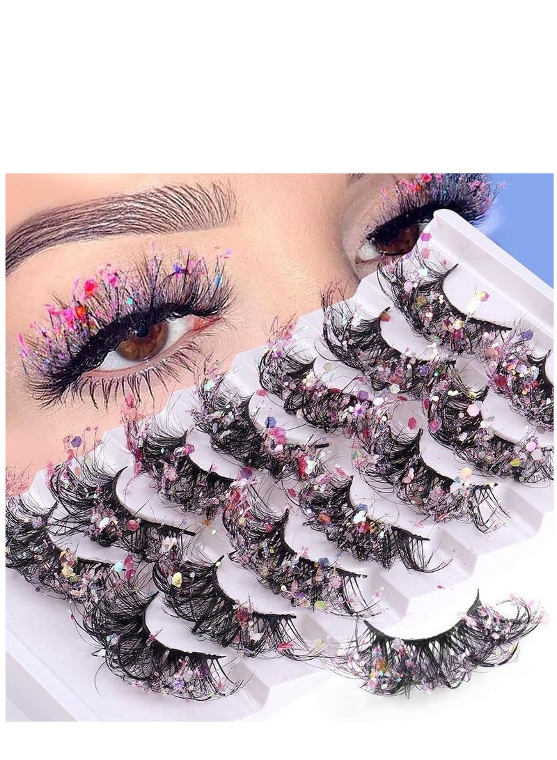 SYOSI 7 Pairs Night Luminous Glitter False Eyelashes Wispy Faux Mink Lashes Colored Eyelashes Dramatic Lashes for Party Stage Cosplay - Image 1