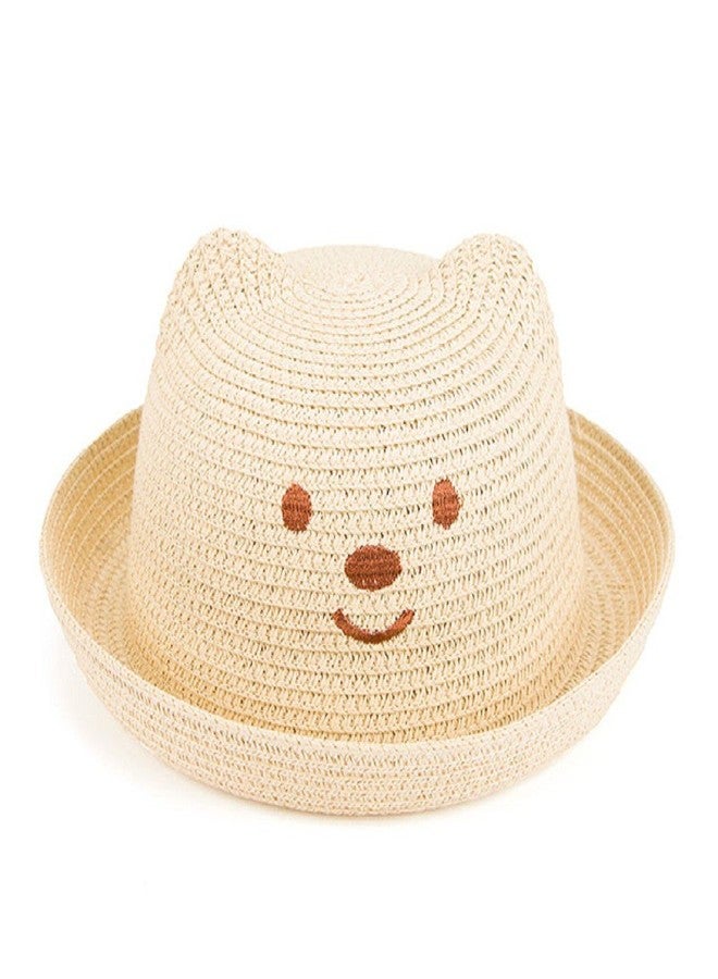 YABINA Straw Baby Ear Floppy Drawstring Chin Strap Sun Hat for Girls Boys Children (Beige) - Image 1