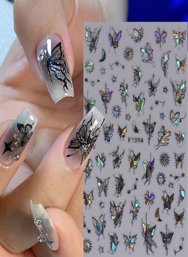 Vezocim Black Butterfly Nail Art Stickers Decals-3D Butterflies Nail Self-Adhesive Sticker Designs Laser Butterfly Star Moon Nail Transfer Decal Supplies for Women Girls Manicure Tips Decorations - Image 1