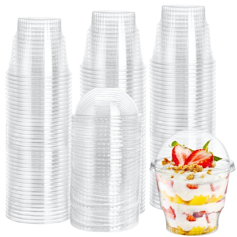 Lyellfe 100 Pack Dessert Cups with Dome Lids 12 Oz Clear Plastic Cups BPA Free Disposable Parfait Ice Cream Snack Cups for Pudding Fruit Cupcake Iced Cold Drinks