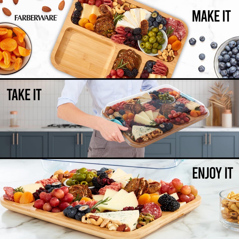 Farberware Build-A-Board Bamboo Cutting Board with Built-in Compartments and Clear Locking Lid with Blue Handles, Perfect for Charcuterie, Snacks, and More - Image 2